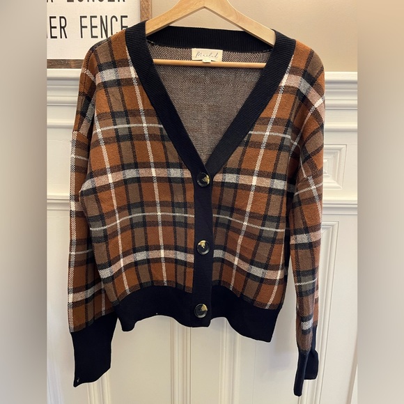 Brown, black, cream plaid cardigan. Size Large. - Picture 1 of 4